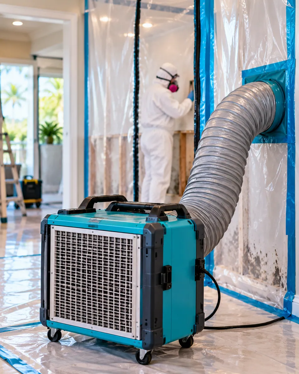 HEPA air scrubber and poly containment set up for mold remediation in Jupiter Inlet Colony